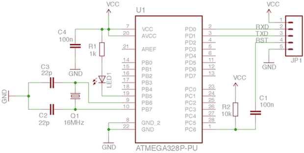 Arduino kompatibilní obvod s minimálním počtem součástek na nepájivém poli
